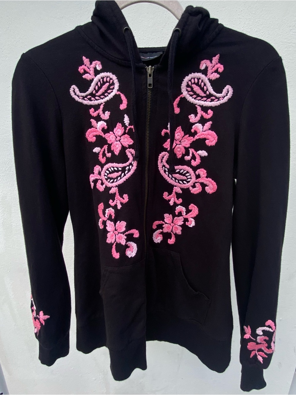 Y2K INC Black & Pink Paisley Embroidered Hooded Jacket Size Medium